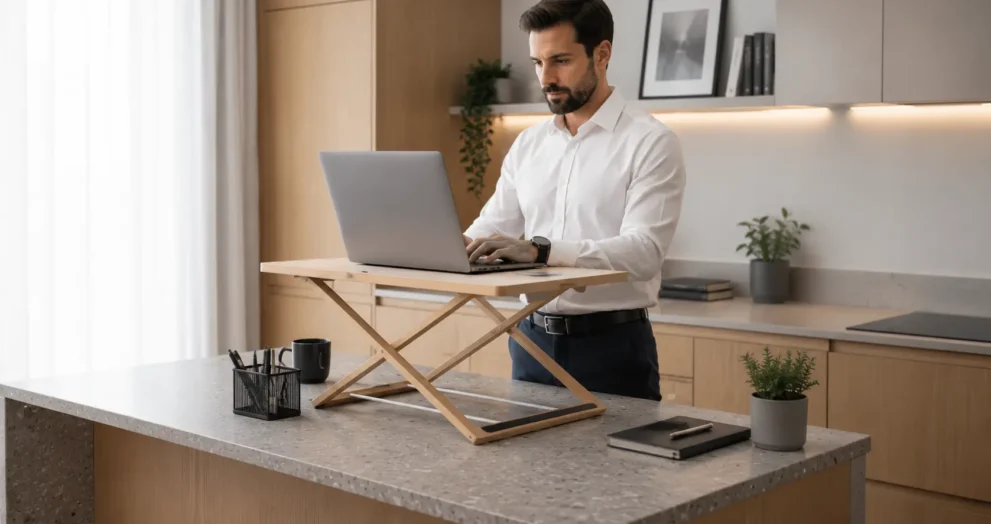 What is a riser desk explained on a modern minimalist wooden desk