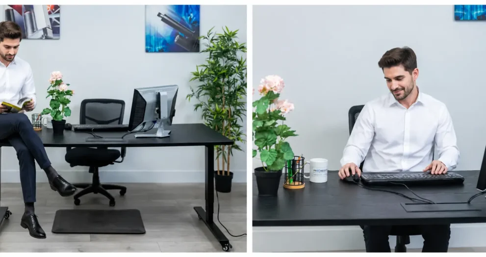 What is a riser desk shown on a modern minimalist wooden desk