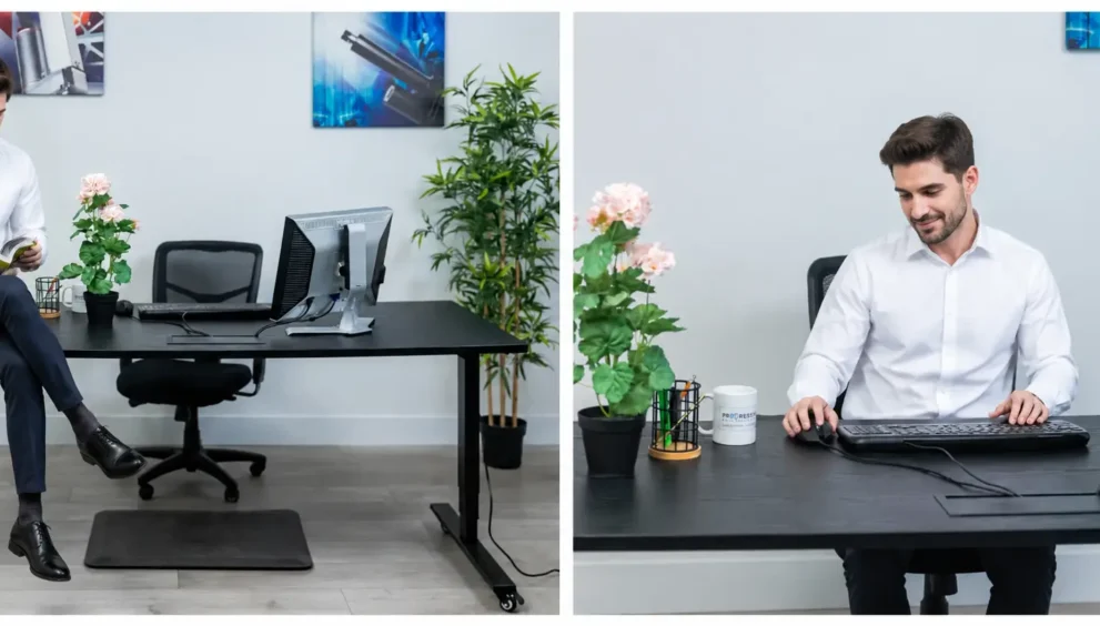 What is a riser desk shown on a modern minimalist wooden desk