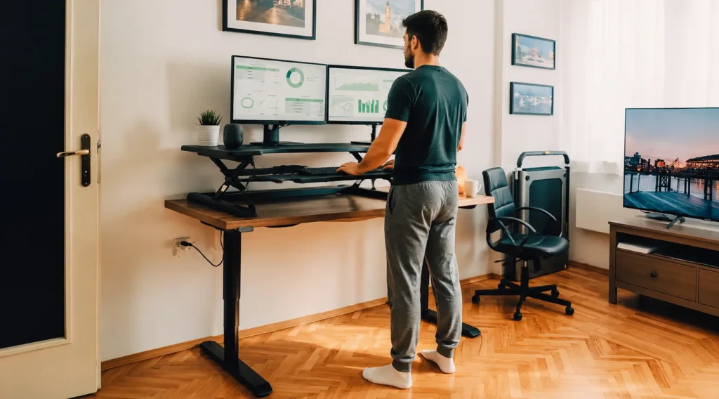 how-much-weight-can-a-riser-desk-hold-man-using-a-riser-desk-with-dual-monitors-in-a-home-office