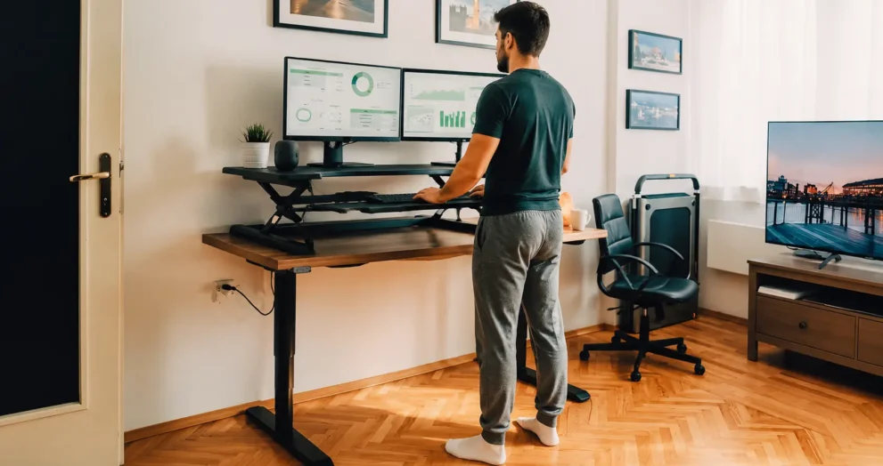 how-much-weight-can-a-riser-desk-hold-man-using-a-riser-desk-with-dual-monitors-in-a-home-office