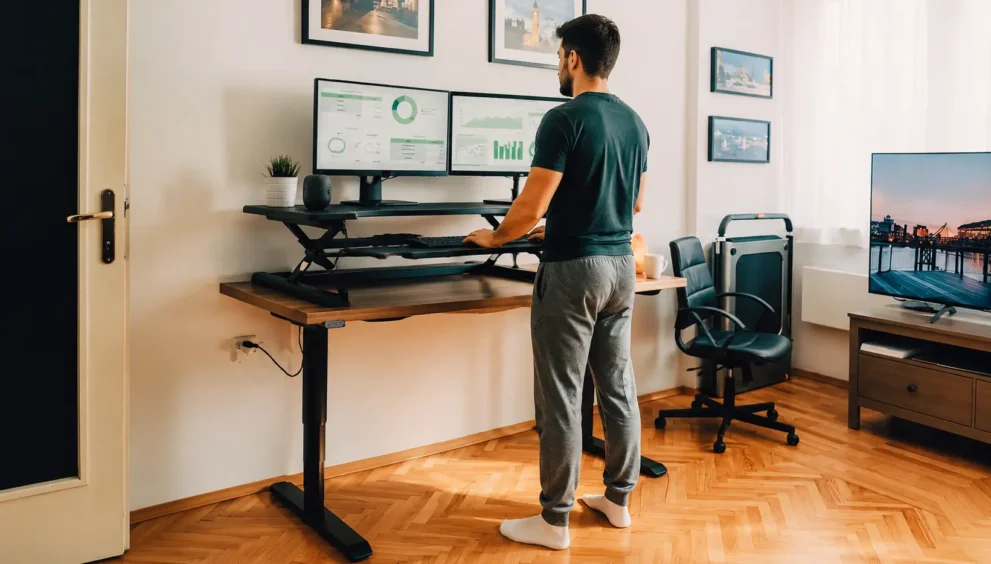how-much-weight-can-a-riser-desk-hold-man-using-a-riser-desk-with-dual-monitors-in-a-home-office