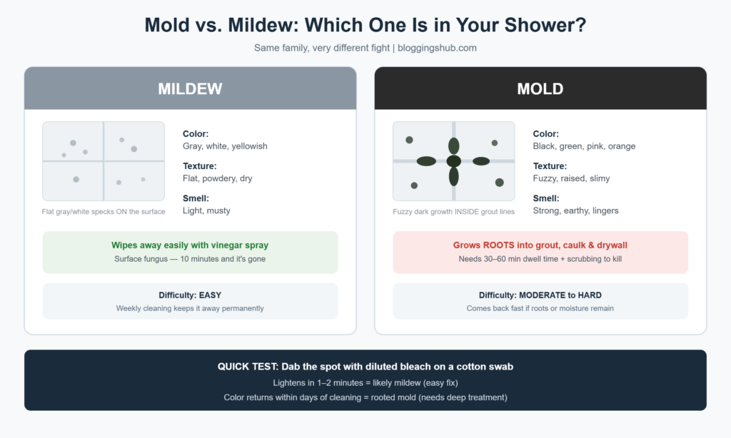 Side-by-side comparison of flat gray mildew on shower tile versus fuzzy black mold growing in grout lines