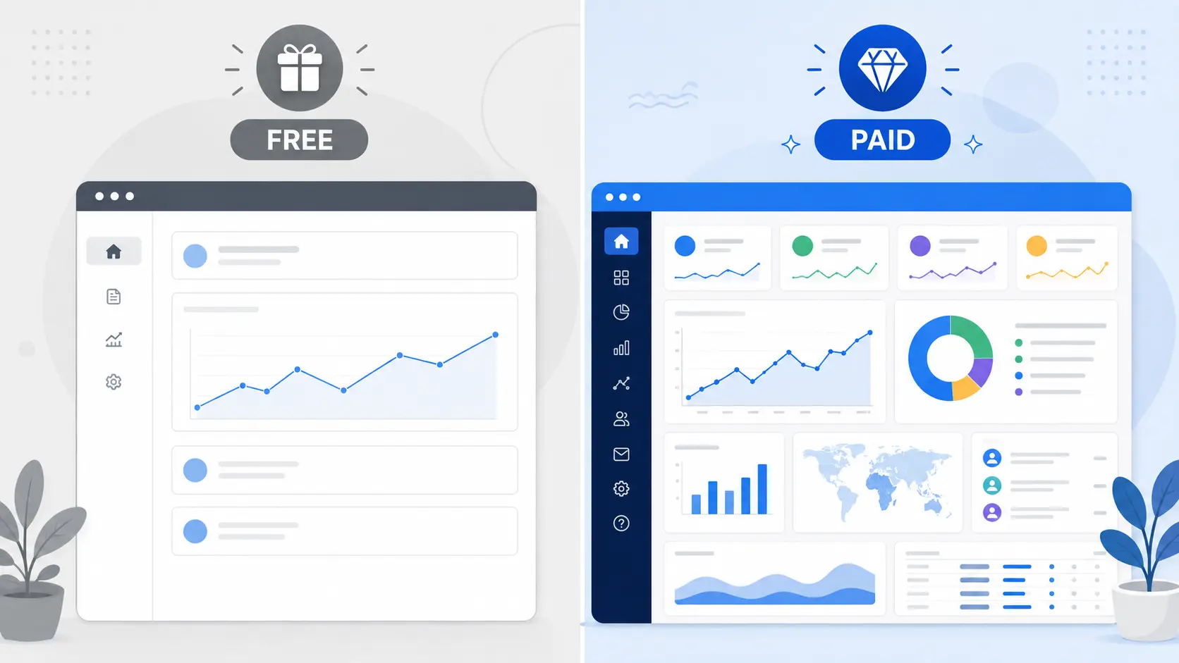 Free vs paid SEO content writing tools comparison showing dashboard features