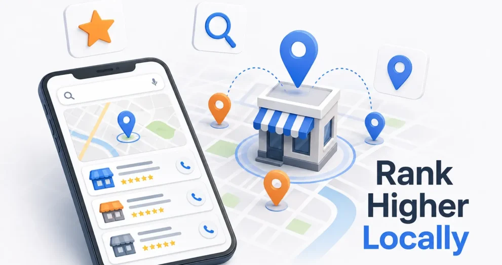 Local SEO service illustration showing map pins and a business location highlighted on a search result
