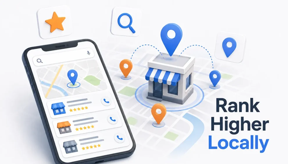 Local SEO service illustration showing map pins and a business location highlighted on a search result