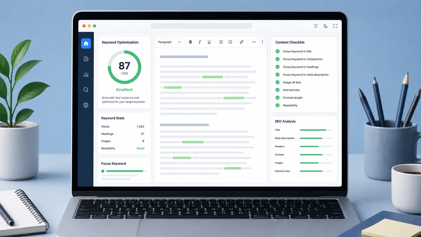 SEO content writing tools dashboard showing keyword optimization score and checklist