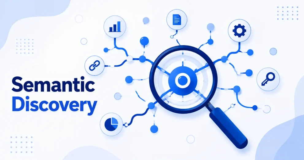 Semantic keyword discovery methods illustrated with a magnifying glass, connected search nodes, and SEO research icons.