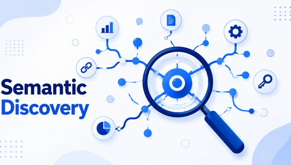 Semantic keyword discovery methods illustrated with a magnifying glass, connected search nodes, and SEO research icons.
