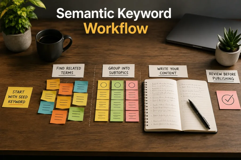 Semantic keywords workflow showing keyword research, topic clustering, content writing, and final review