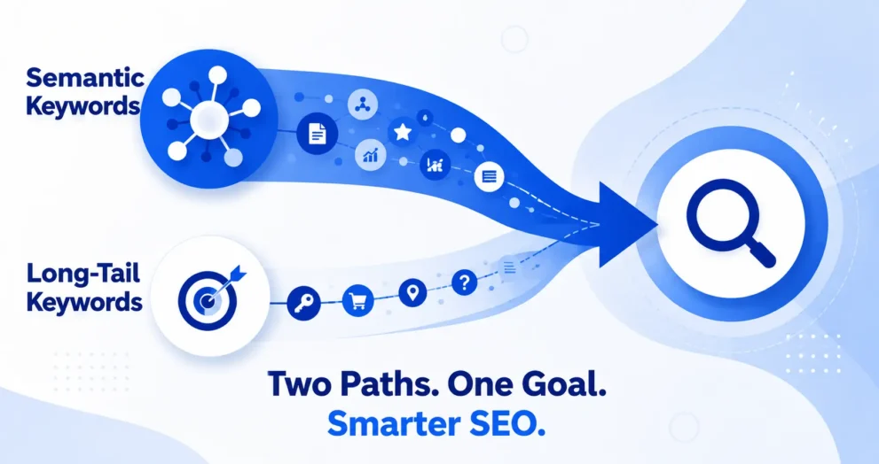 Semantic vs long-tail keywords comparison showing two keyword paths converging into a search symbol.