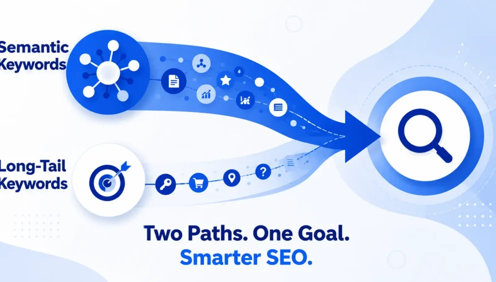 Semantic vs long-tail keywords comparison showing two keyword paths converging into a search symbol.