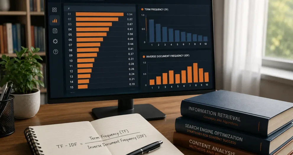 TF-IDF SEO analysis with semantic keywords, term frequency and content scoring dashboard