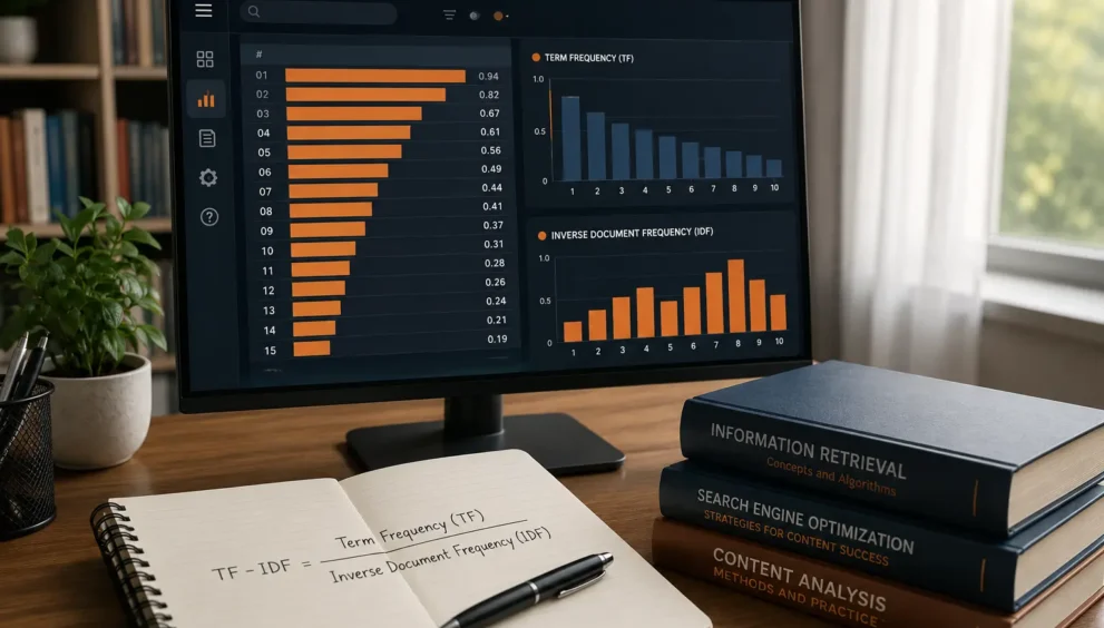 TF-IDF SEO analysis with semantic keywords, term frequency and content scoring dashboard
